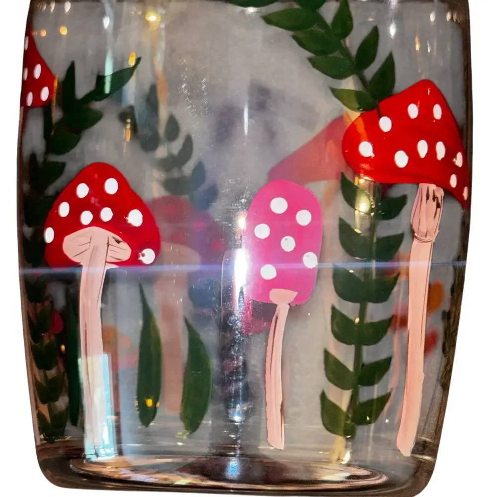 Polka Dot Mushroom Theme Glass Carafe & Matching Glass Hand-painted Boho Retro